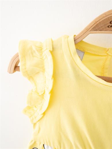 Kız Bebek%100 Pamuk Kedi Figürlü Elbise - Sarı