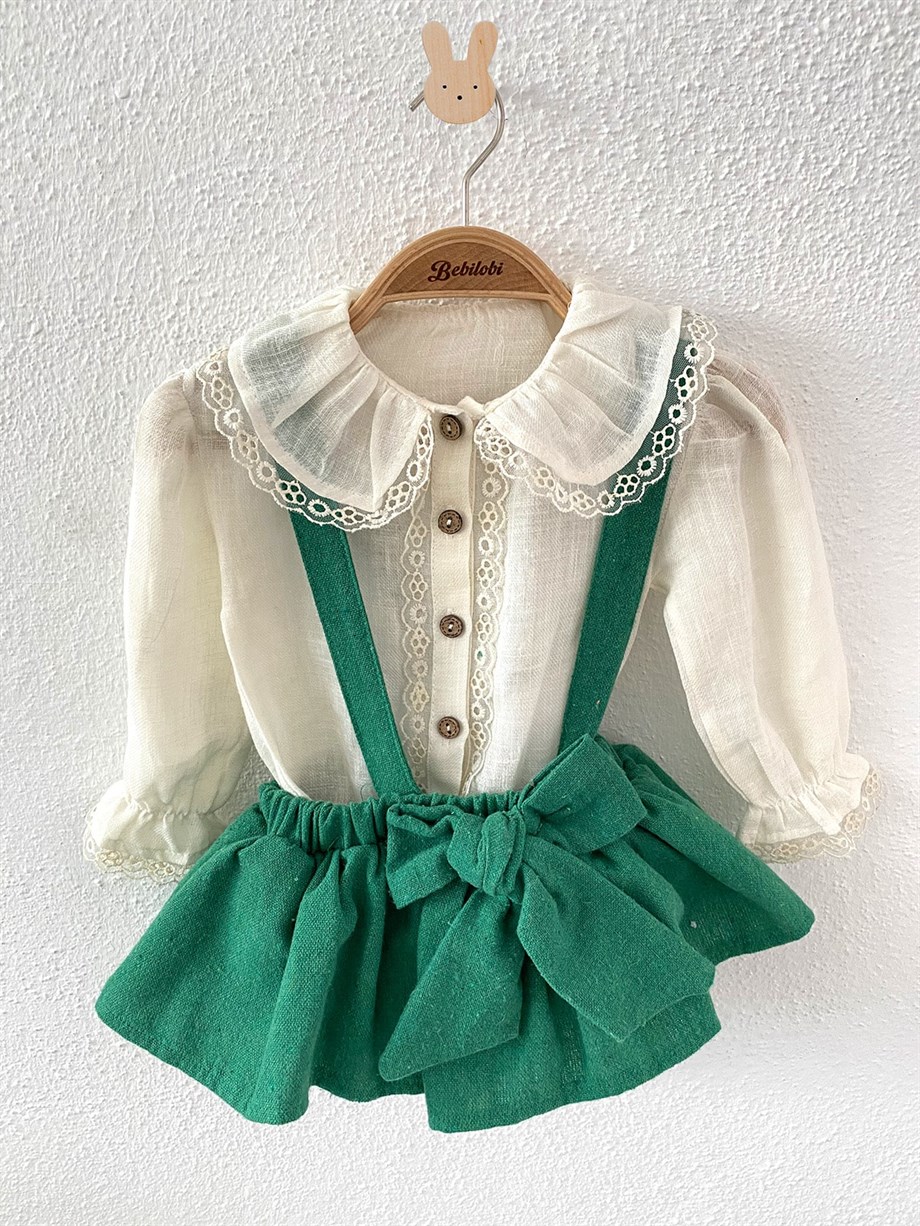 Joanne Vintage Gömlekli Kız Bebek Salopet Takım - Yeşil | Bebilobi.com
