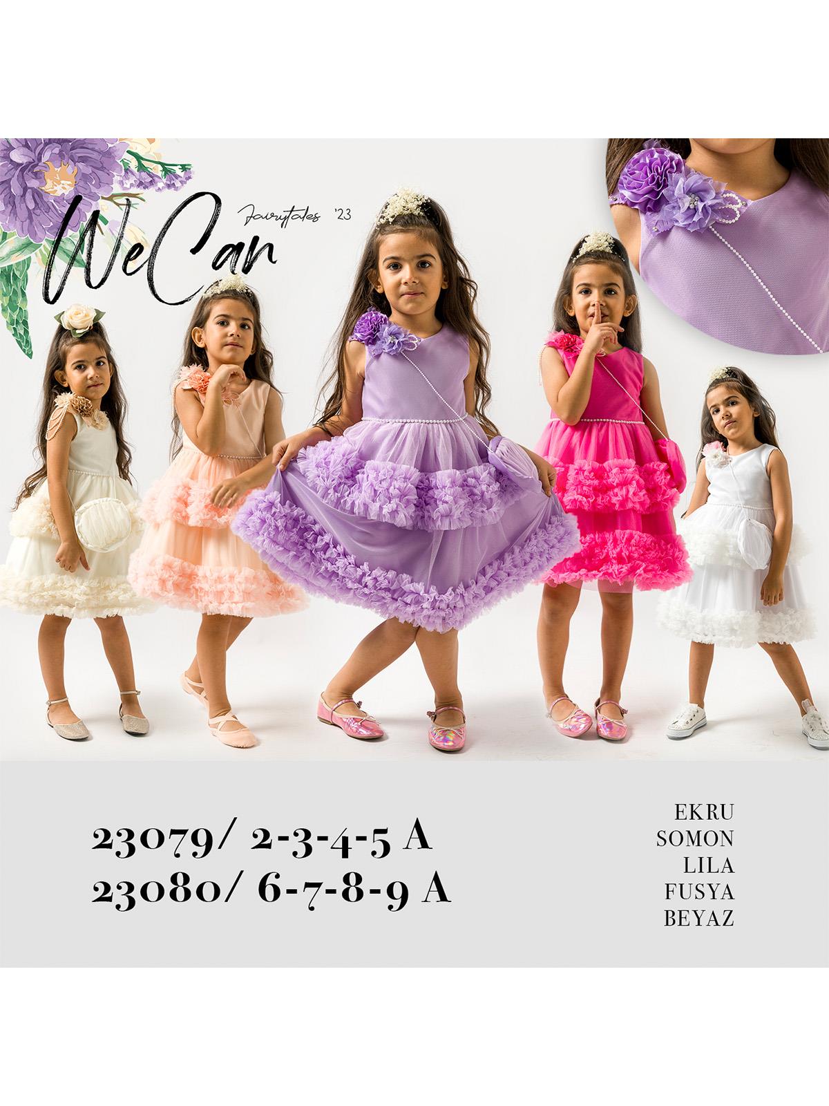 Kız Çocuk Fırfırlı Çantalı Çiçek Detaylı Tül Abiye Elbise Doğum Günü  Elbisesi - Krem - Bebilobi