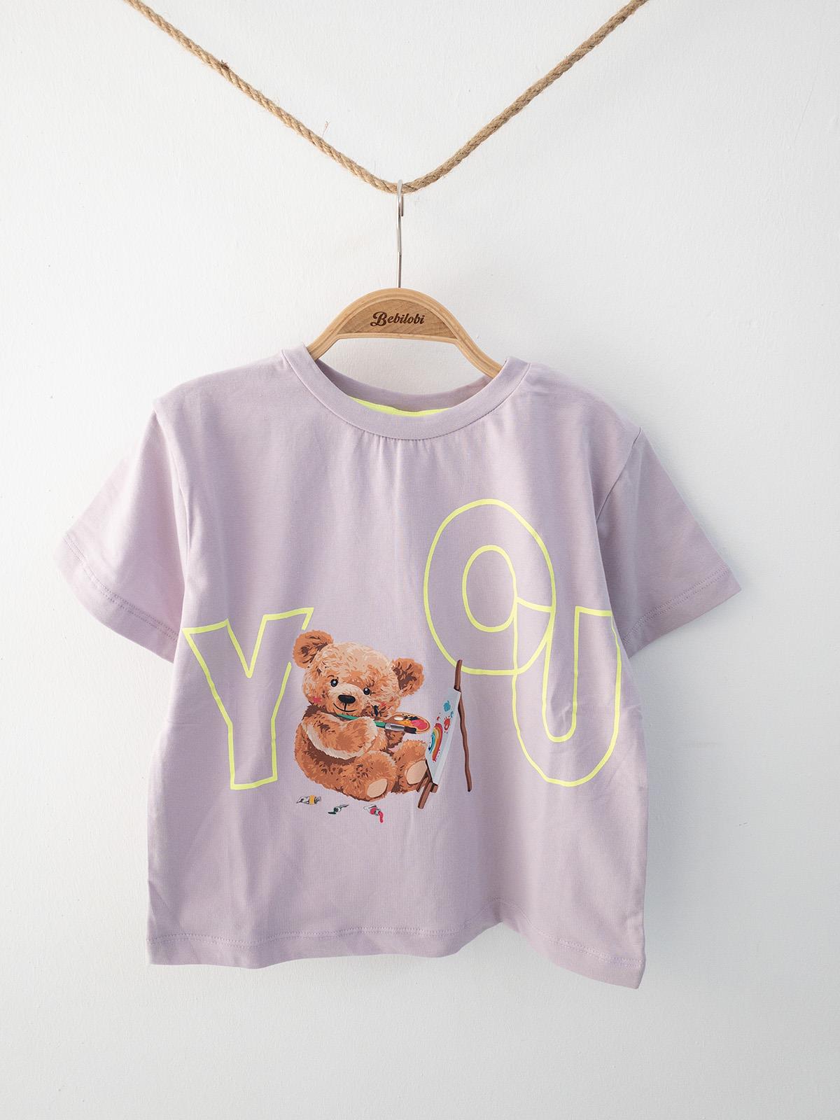 Kız Çocuk Pamuklu Tatlı Ayıcık Figürlü Tişört - Açık Lila