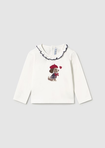 Mayoral Kız Bebek Krem Fırfırlı Yaka Uzun Kollu Baskılı T-shirt 2090