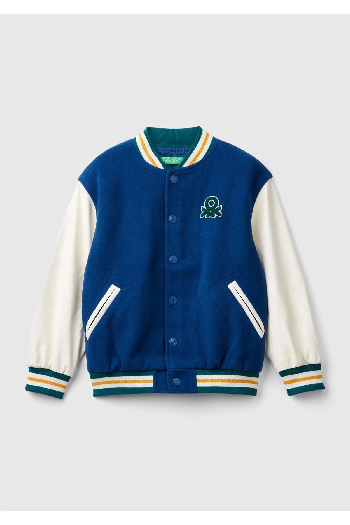 Benetton Erkek Çocuk Saks Mavi Düğmeli Göğsü ve Arkası İşlemeli Bomber Ceket