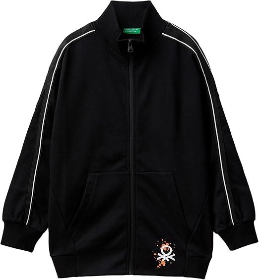 Benetton Erkek Çocuk Siyah Önü Arkası Baskılı Kolları Şerit Detaylı Fermuarlı Sweatshirt