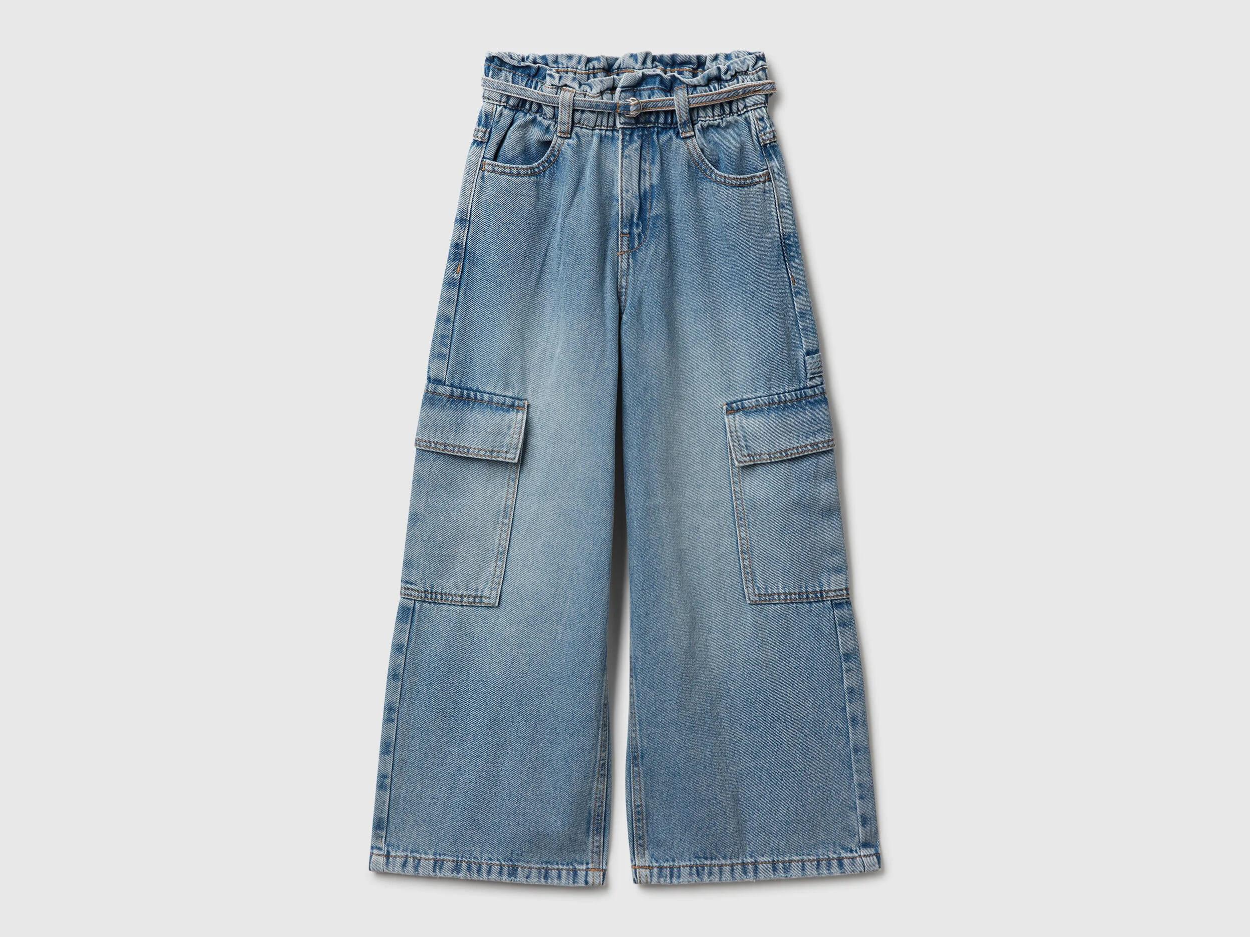 Benetton Kız Çocuk Koyu Mavi Beli Bağlamalı Kargo Stili Wide Fit Denim Pantolon