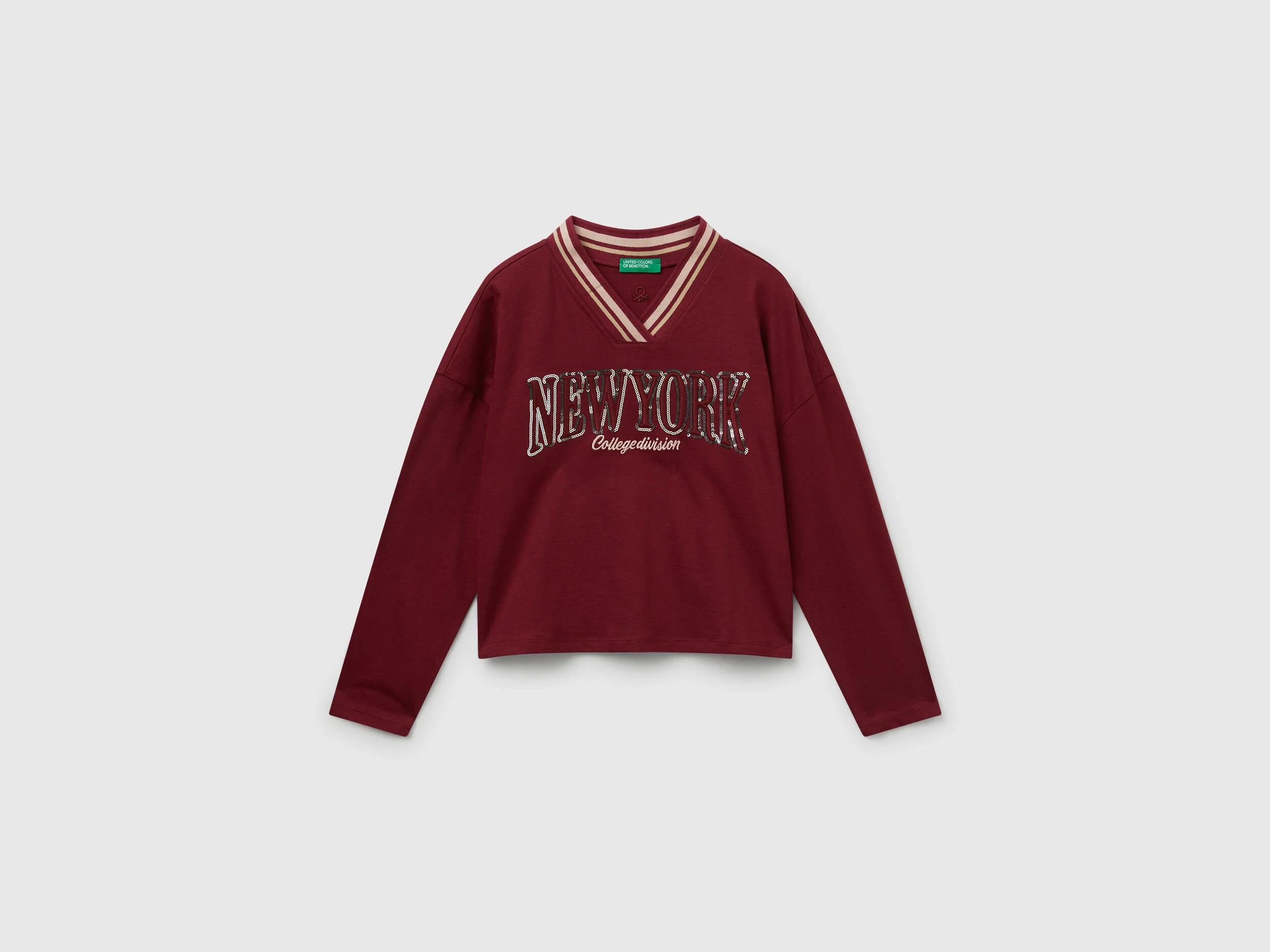 Benetton Kız Çocuk Payet İşlemeli Şeritli V Yaka Boxy Fit Uzun Kollu T-shirt