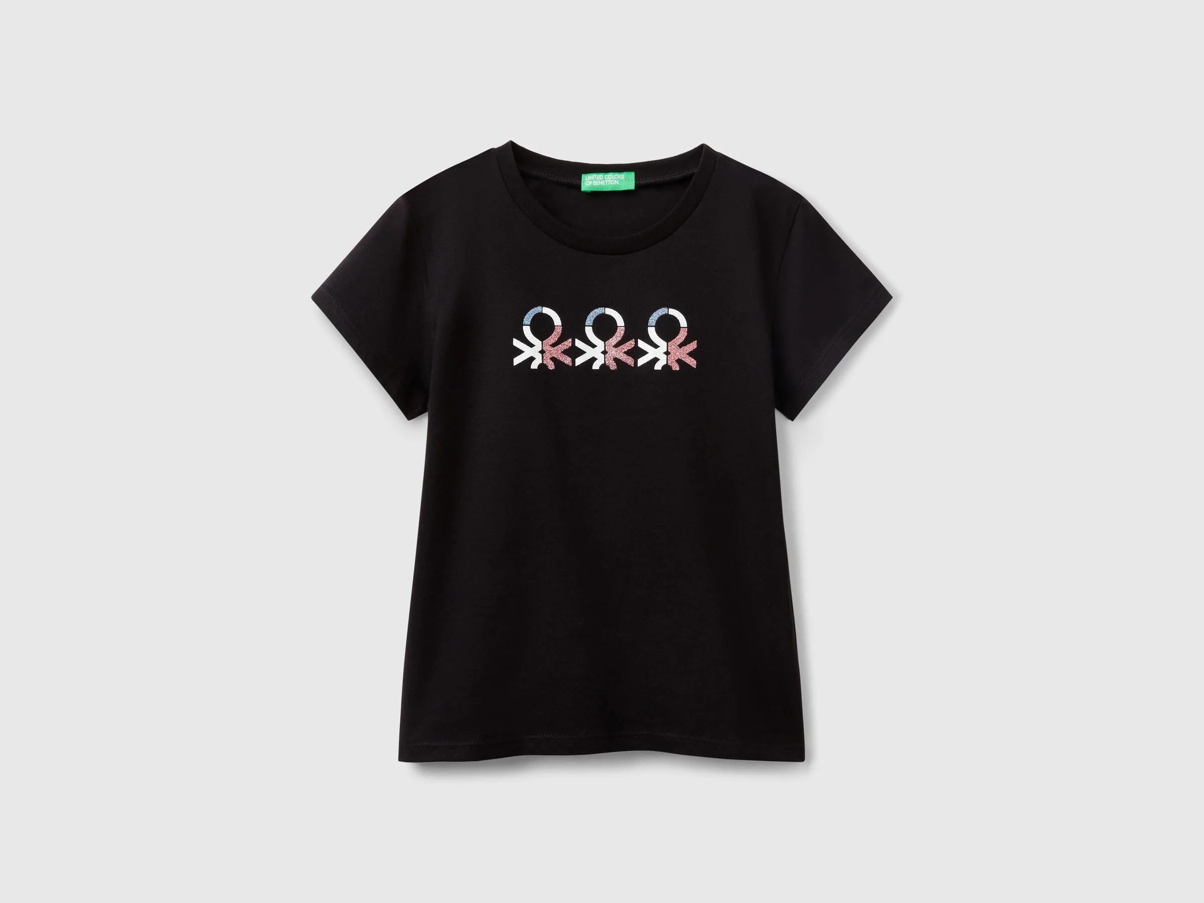 Benetton Kız Çocuk Simli Logo Baskılı T-Shirt 