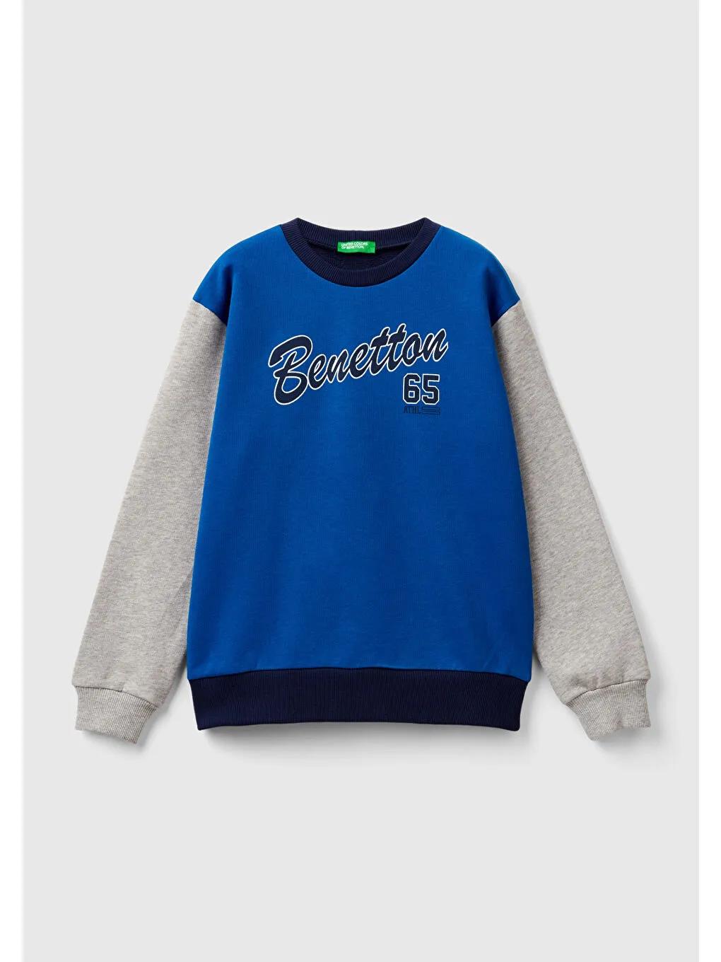 United Colors Of Benetton Erkek Çocuk Saks Mavi Mix Önü Logo Baskılı Bisiklet Yaka Ribanalı Sweatshirt