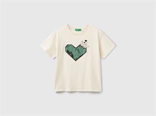 Benetton Kız Çocuk Önü Payet İşlemeli Baskılı T-Shirt 