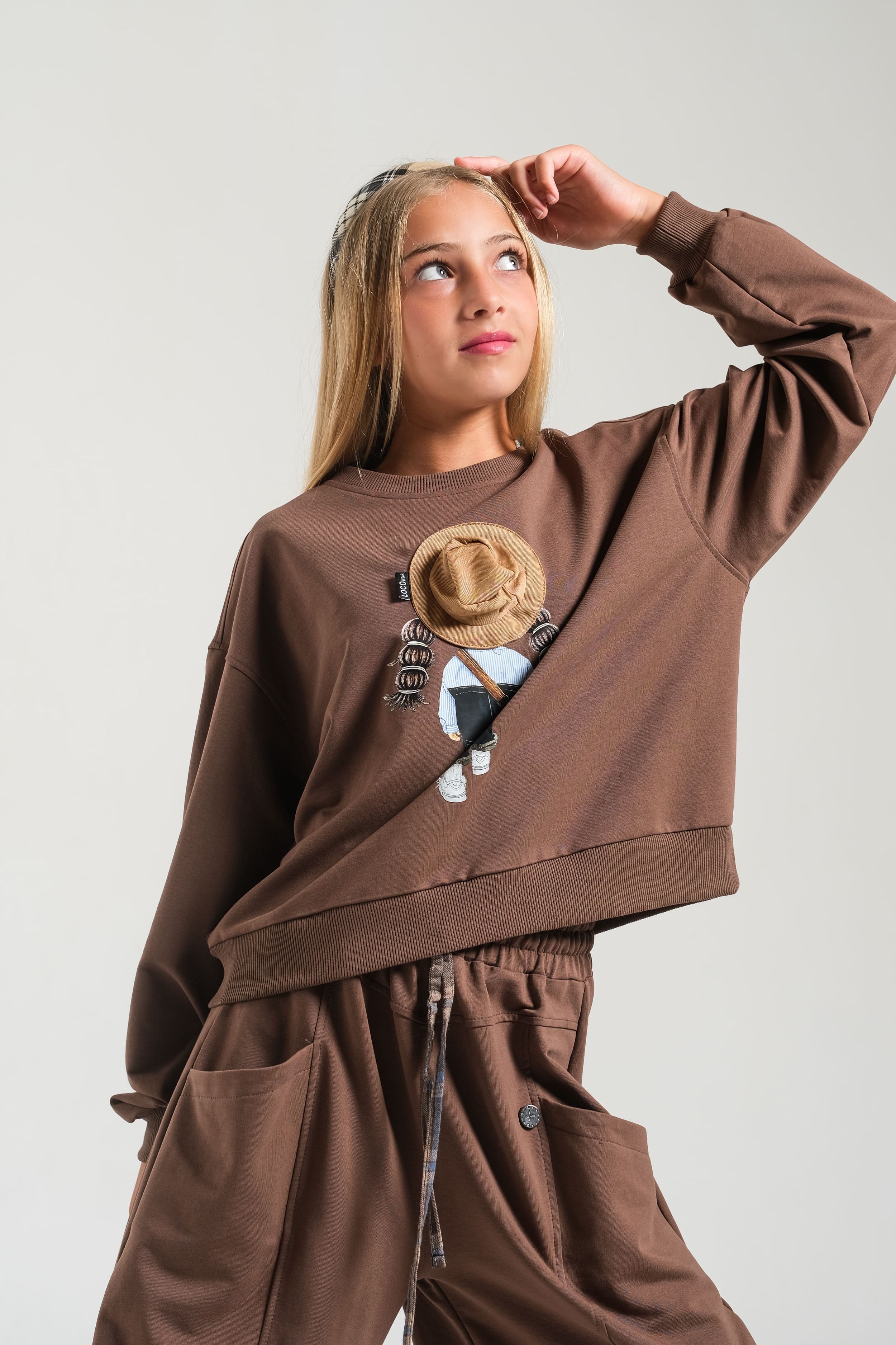 Loco Loco Kahverengi Baskılı Şapka Aksesuarlı Çocuk Sweatshirt
