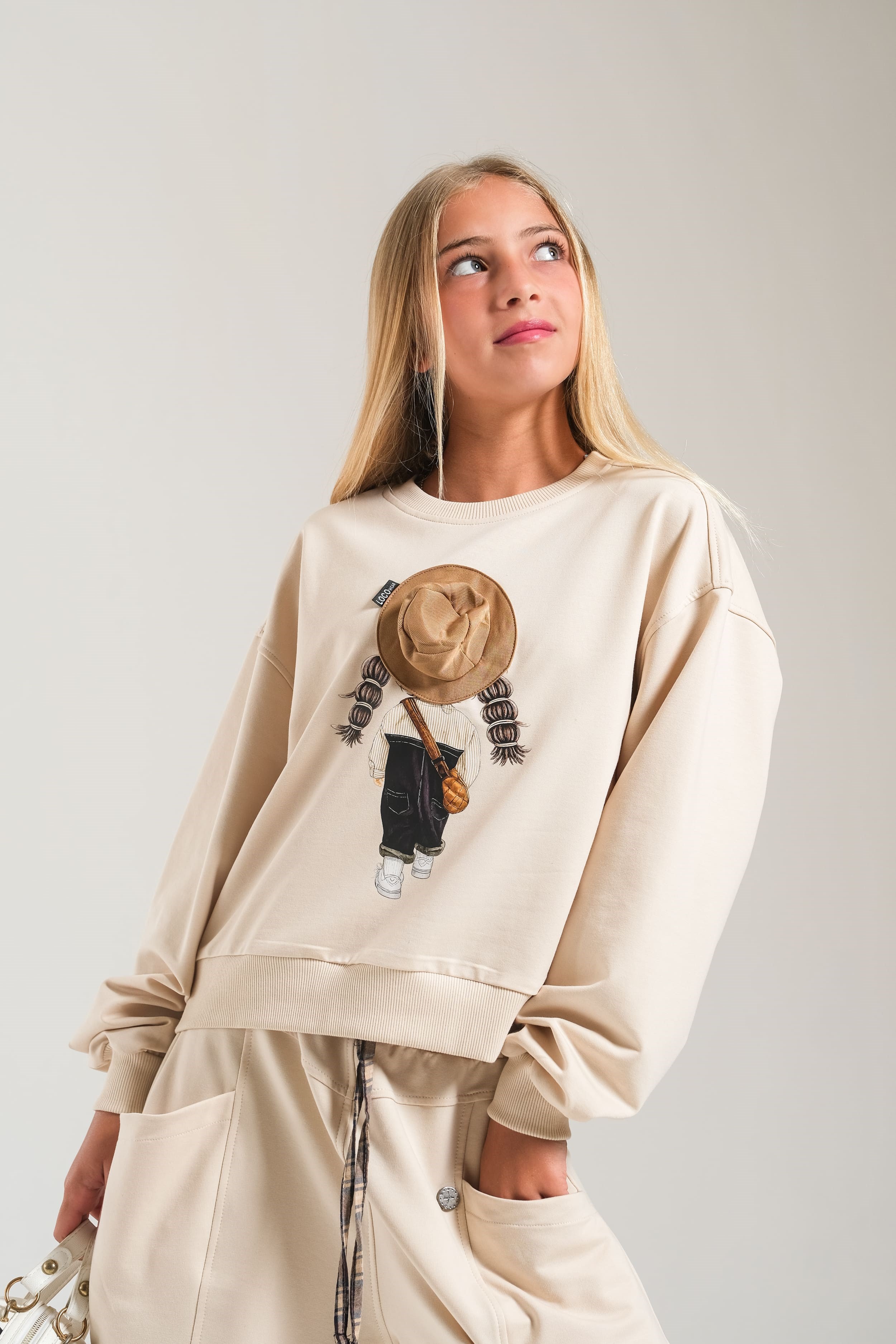 Loco Loco Bej Baskılı Şapka Aksesuarlı Çocuk Sweatshirt