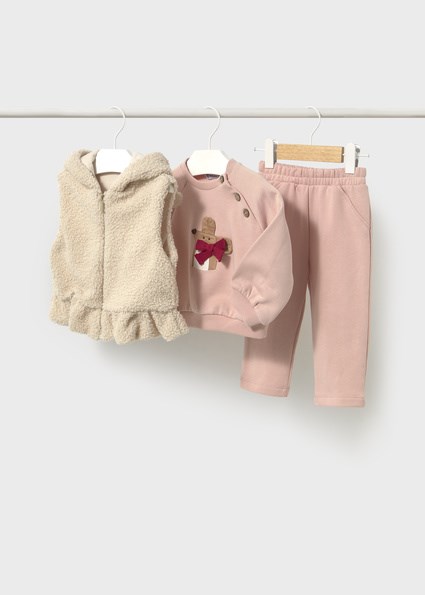 Mayoral Pembe Kız Bebek 3 Parça Peluş Yelek Eşofman Takım 2837