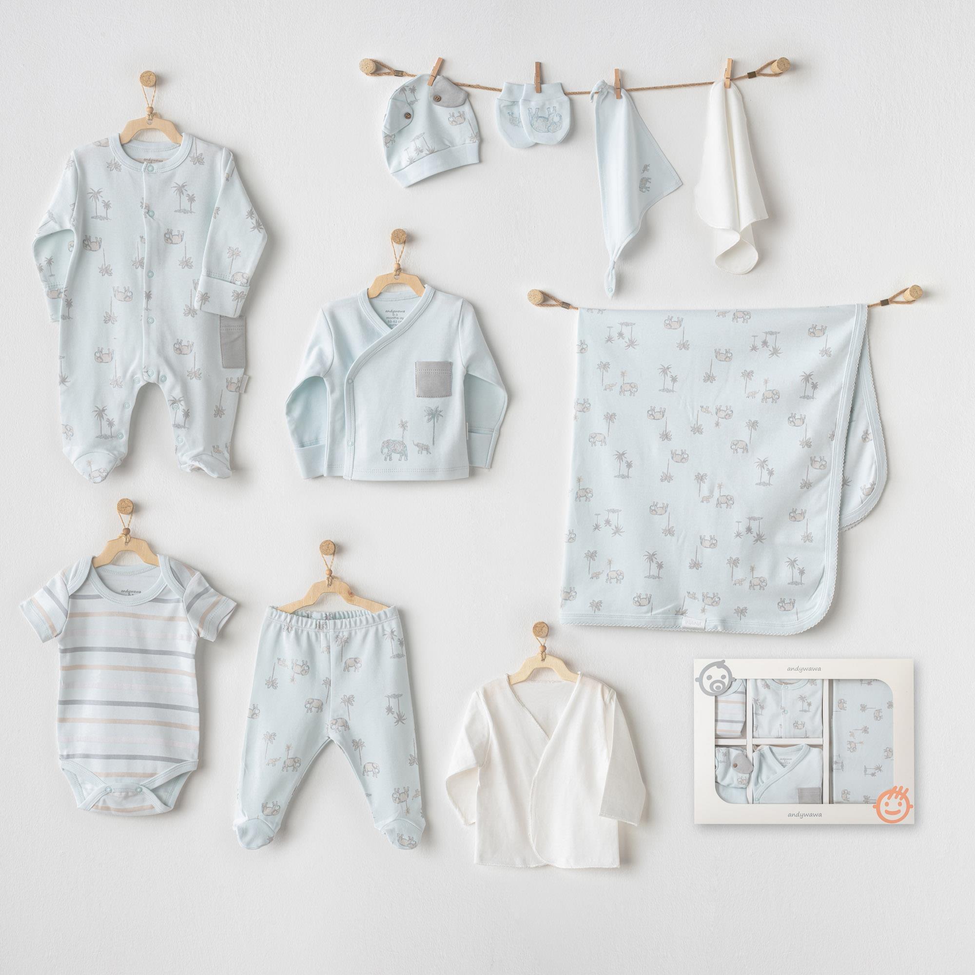 Andywawa Erkek Bebek Hastane Çıkışı 10 Pcs Newborn Set Safarı Mavi