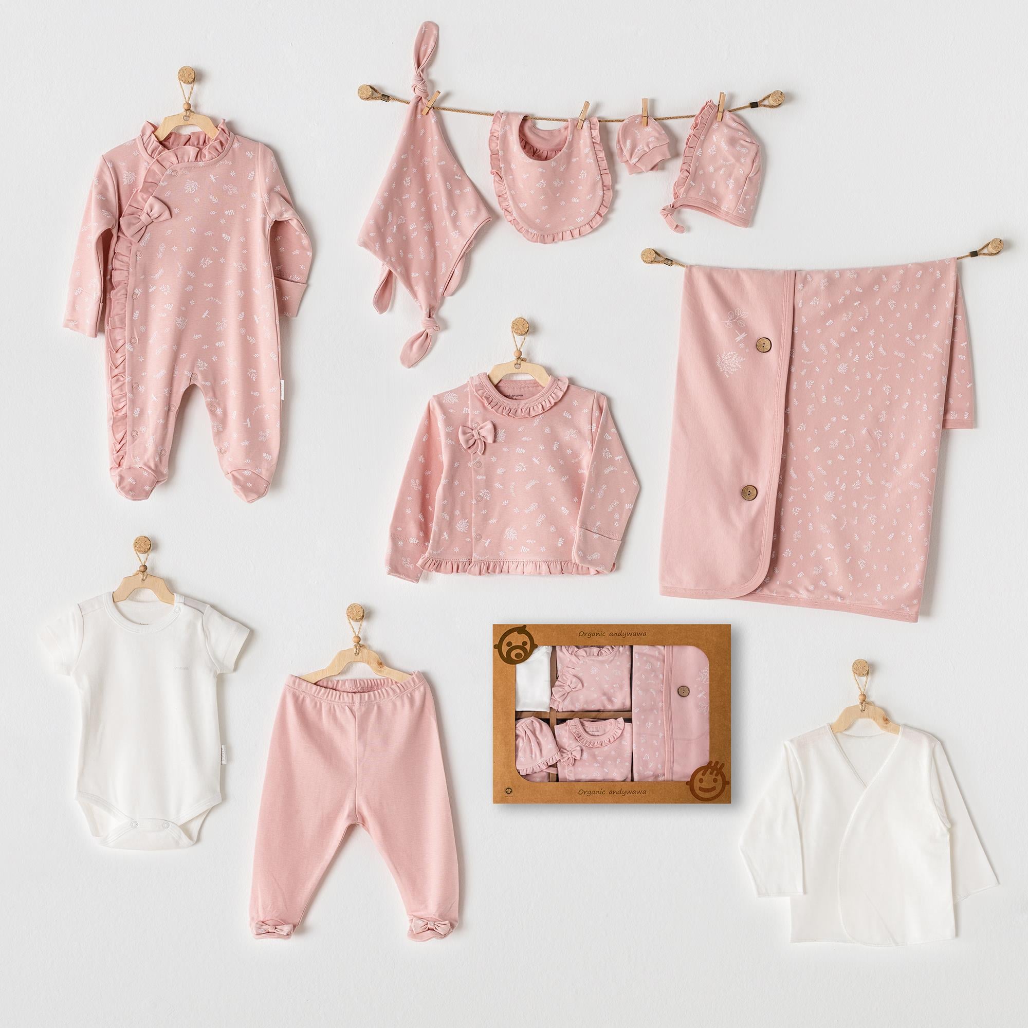Andywawa Kız Bebek Hastane Çıkışı 10 Pcs Newborn Set Floral100% Organıc Cotton Pembe