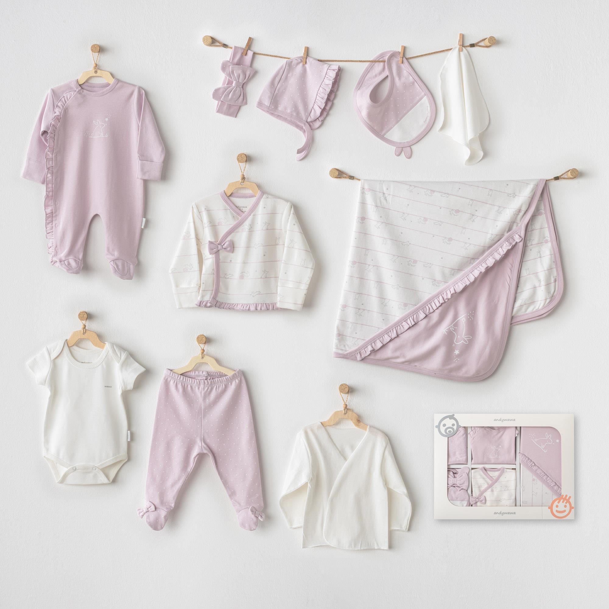 Andywawa Kız Bebek Hastane Çıkışı 10 Pcs Newborn Set Funny Bunny Lila