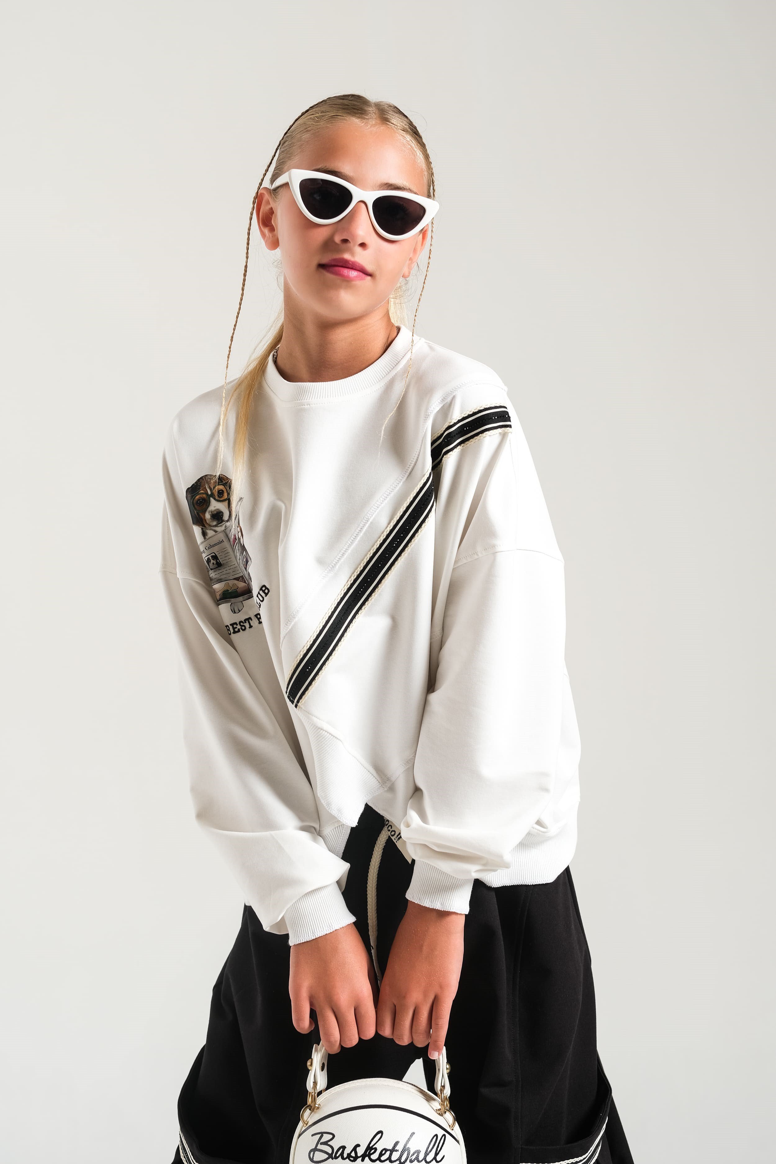 Loco Loco Ekru-Siyah Köpek Baskılı Şeritli Çocuk Sweatshirt