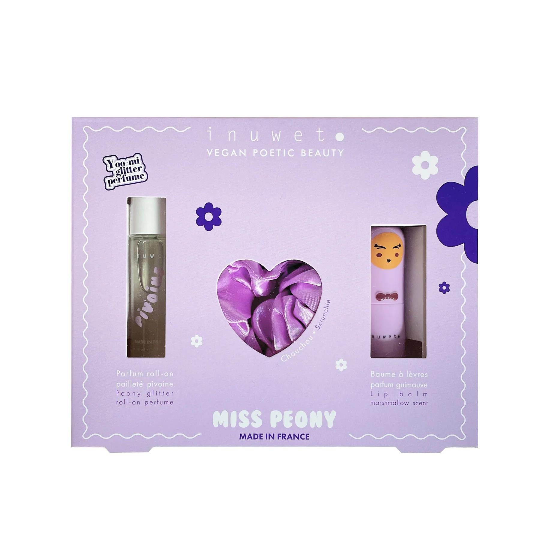 Inuwet Miss Peony Set - Mor Saç Tokası, Şakayık Kokulu Parfüm ve Marshmallow Aromalı Dudak Nemlendiricisi