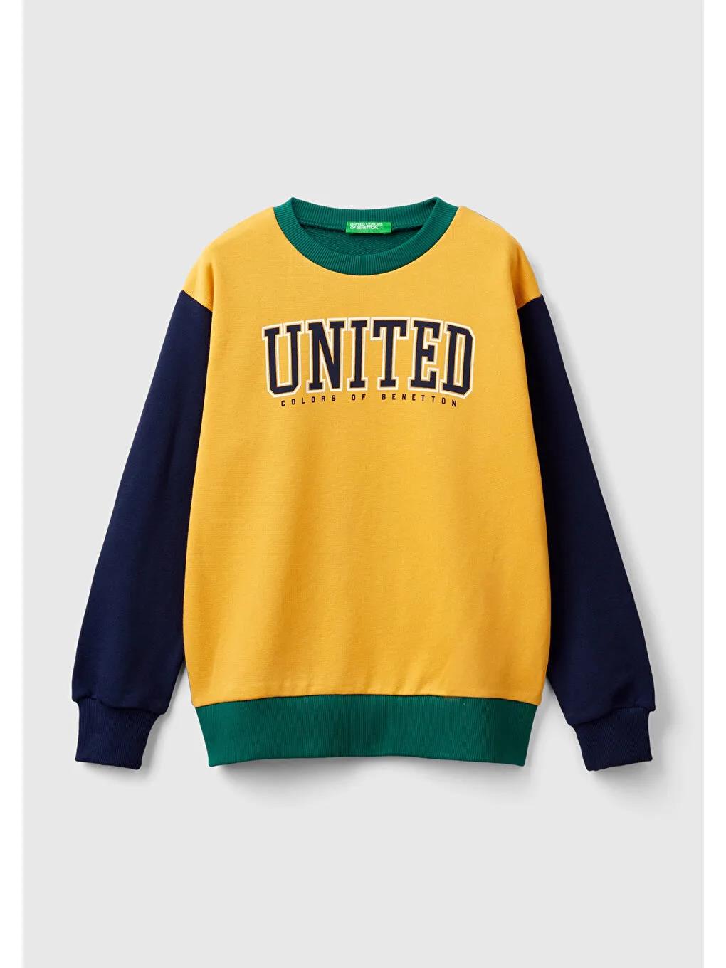 United Colors Of Benetton Erkek Çocuk Saks Mavi Mix Önü Logo Baskılı Bisiklet Yaka Ribanalı Sweatshirt