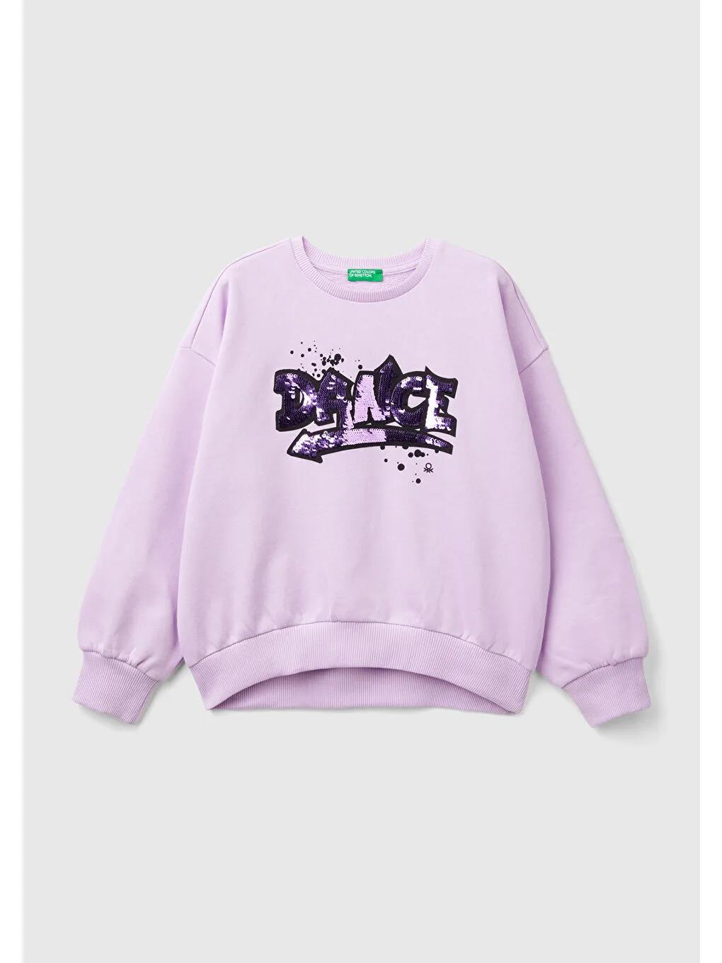United Colors Of Benetton Kız Çocuk Siyah Önü Pullu Baskı Detaylı Bisiklet Yaka Sweatshirt