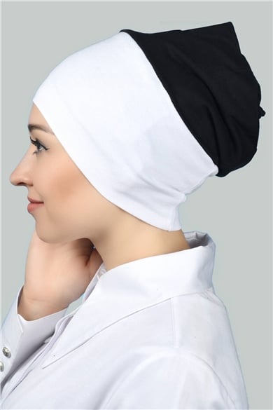 Instant Practical Snap-On Double Colored Hijab Bonnet - White - Black