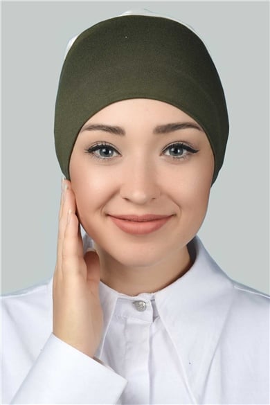Instant Practical Snap-On Double Colored Hijab Bonnet - Khaki - Ecru