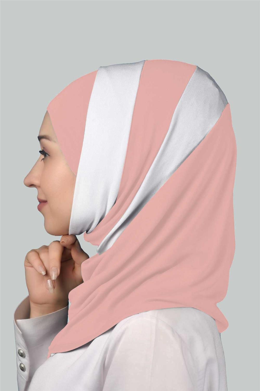 Çift Renkli Hazır Türban Pratik Eşarp Tesettür Hijab - Somon - Beyaz