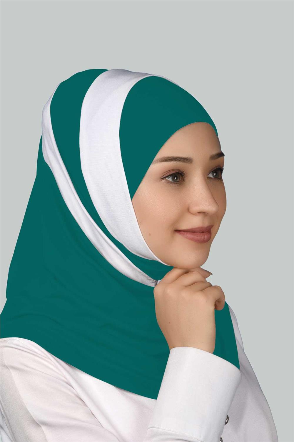 Çift Renkli Hazır Türban Pratik Eşarp Tesettür Hijab - Koyu Fıstık - Beyaz