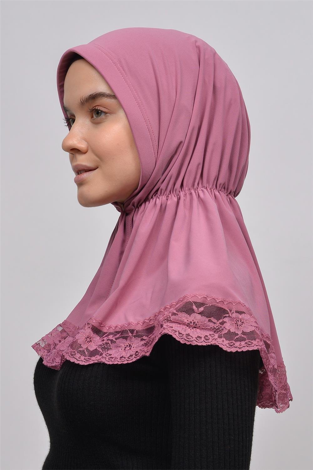 Lace Elastic Shirred With Snap Button Ninja Instant Hijab Practical  Scarf-Burgundy