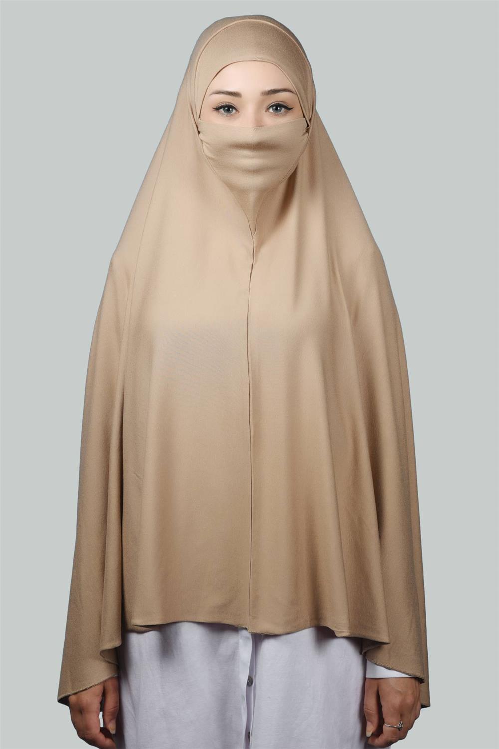 Hazır Türban Peçeli Pratik Eşarp Tesettür Nikaplı Hijab - Namaz Örtüsü Sufle  (5XL) - Koyu Bej