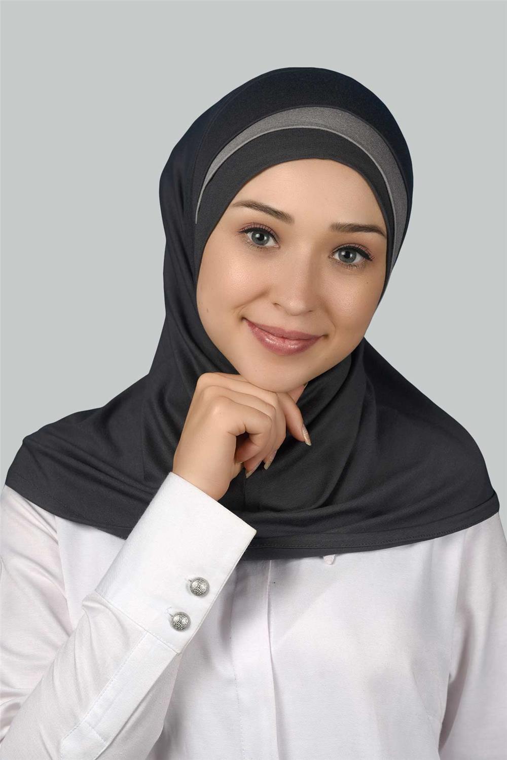 Pratik Eşarp Hazır Türban Özel Hilal Detaylı Hijab - Füme - Gri