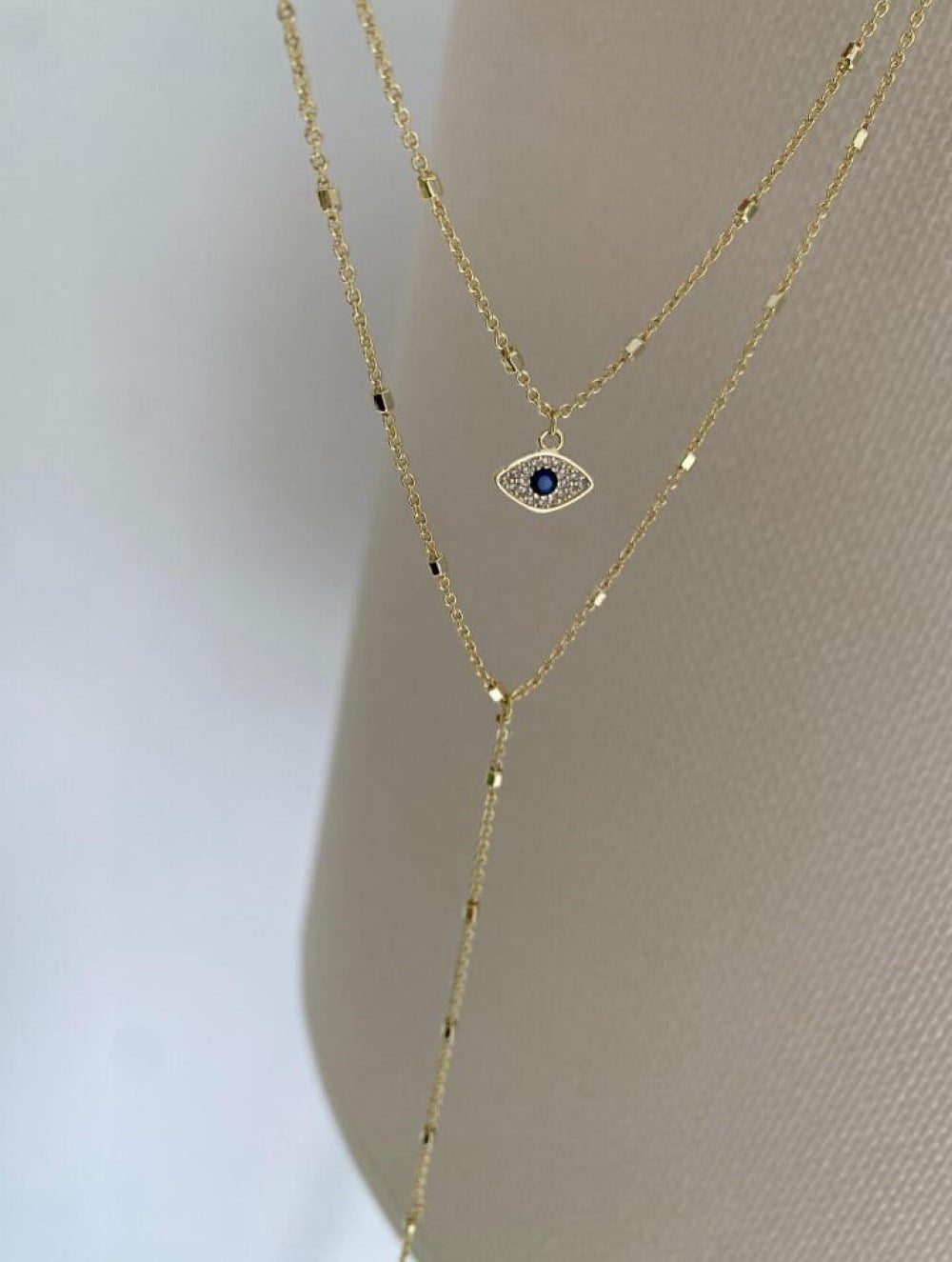 14K ALTIN KAPLAMA İTHAL GÖZ DETAY İKİLİ Y KOLYE
