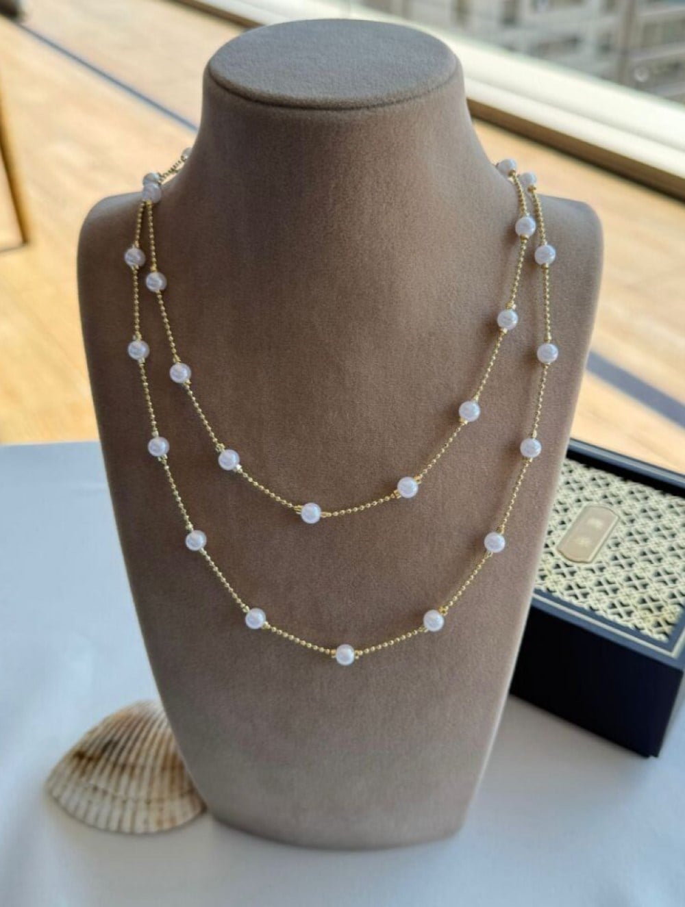 14K ALTIN KAPLAMA İKİLİ İNCİ KOLYE