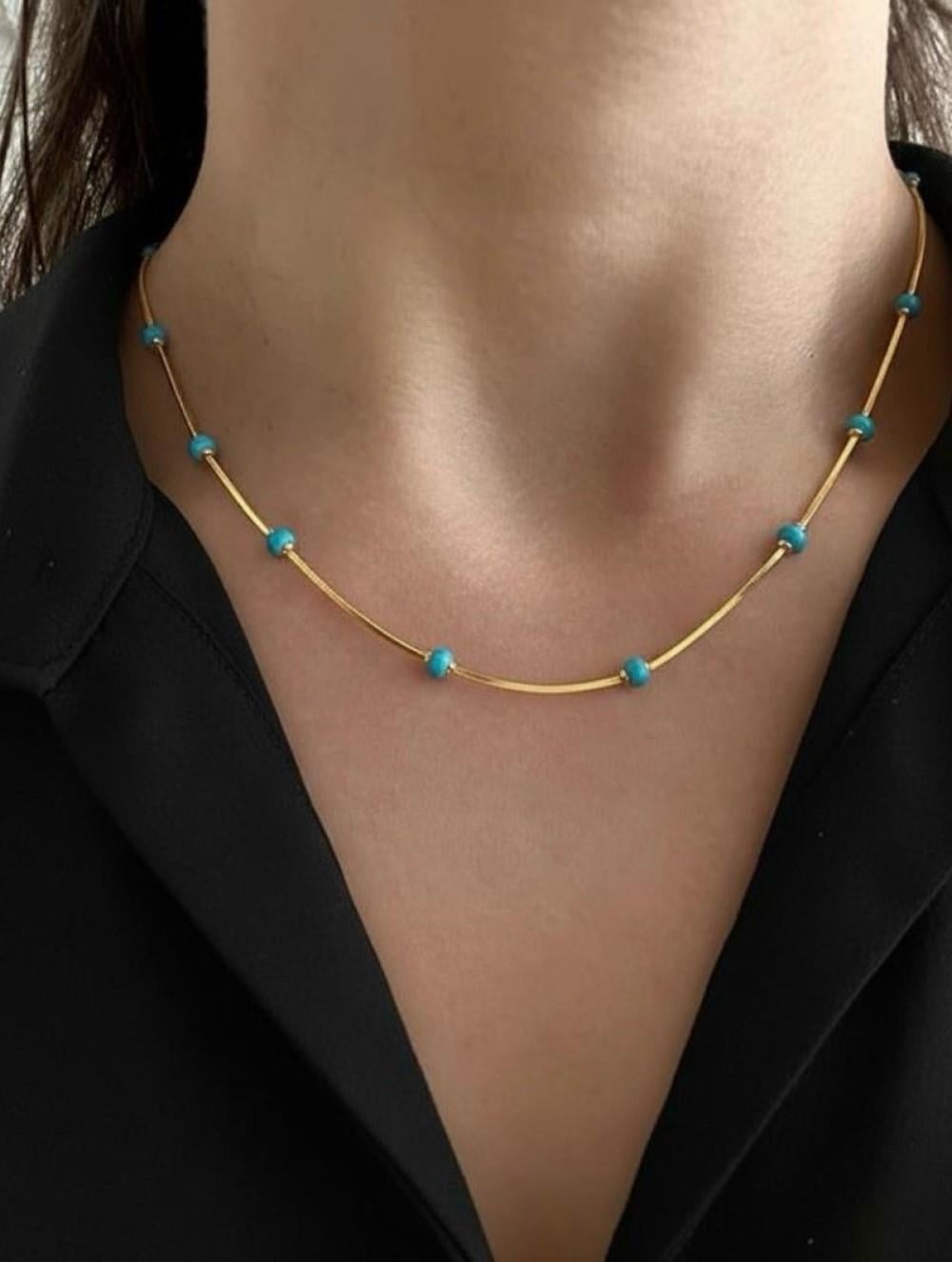 ÇELİK MAVİ BONCUK DETAY KOLYE