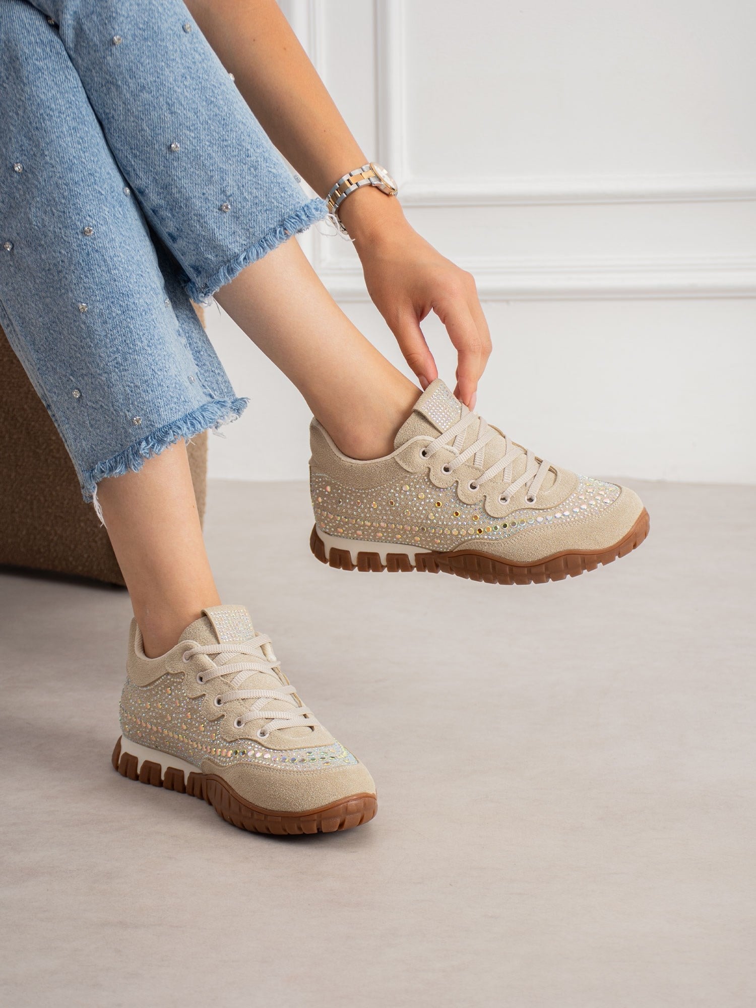 CALİNA Krem Taşlı Kadın Sneakers
