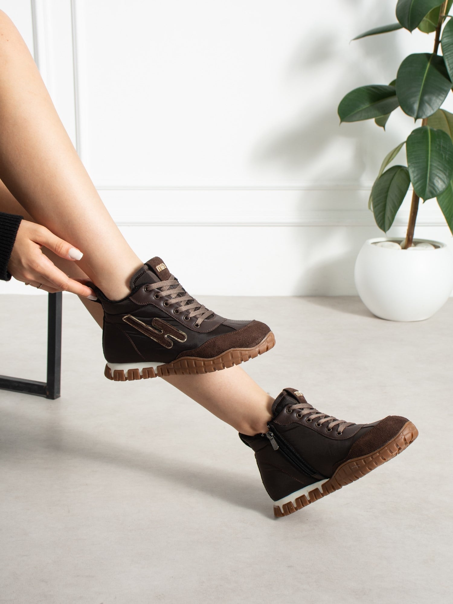 CARİNA Kahve İçi Kürklü Gizli Topuk Kadın Sneakers Bot