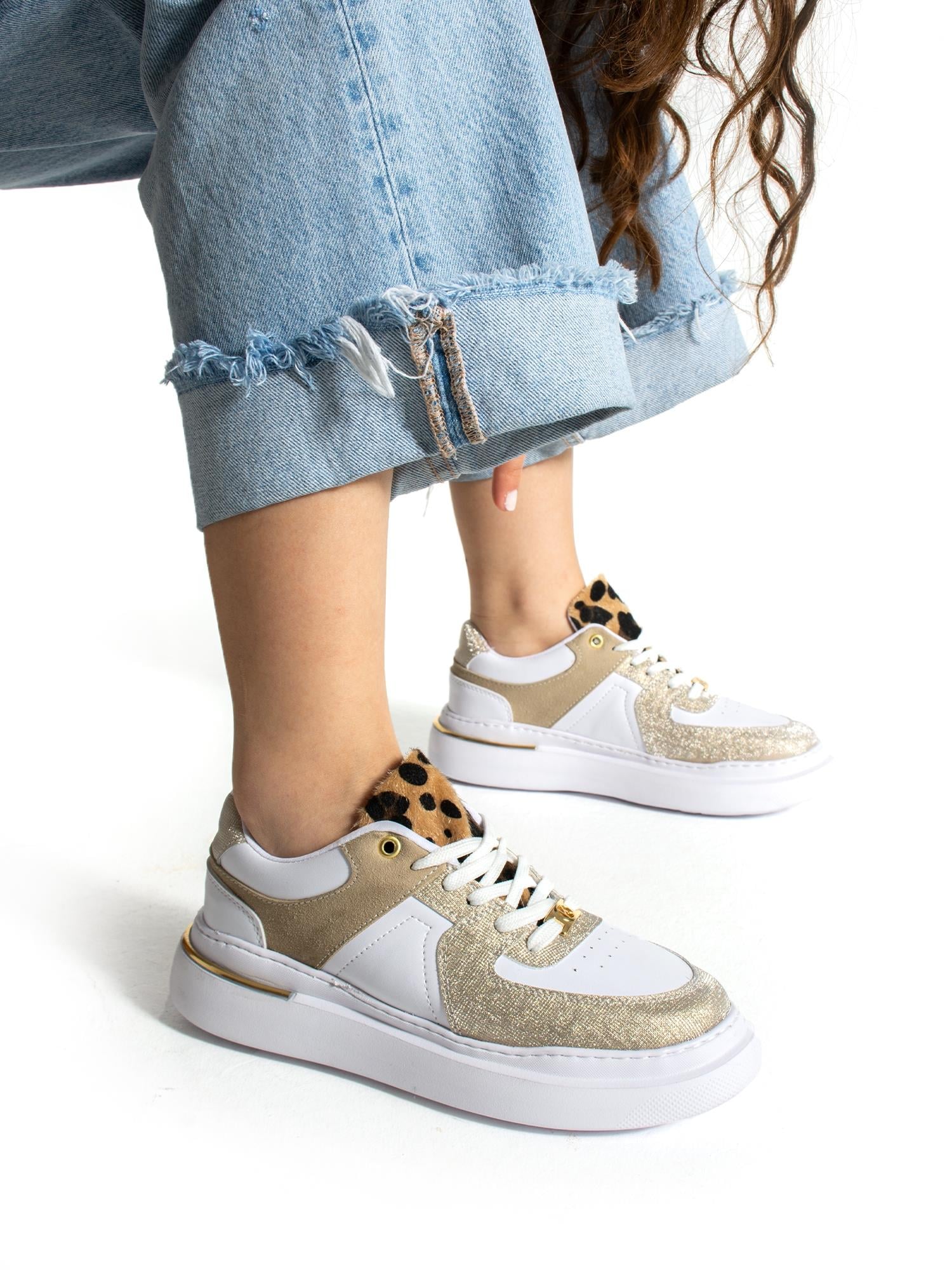 GLİNT Beyaz Gold Simli Kadın Sneakers