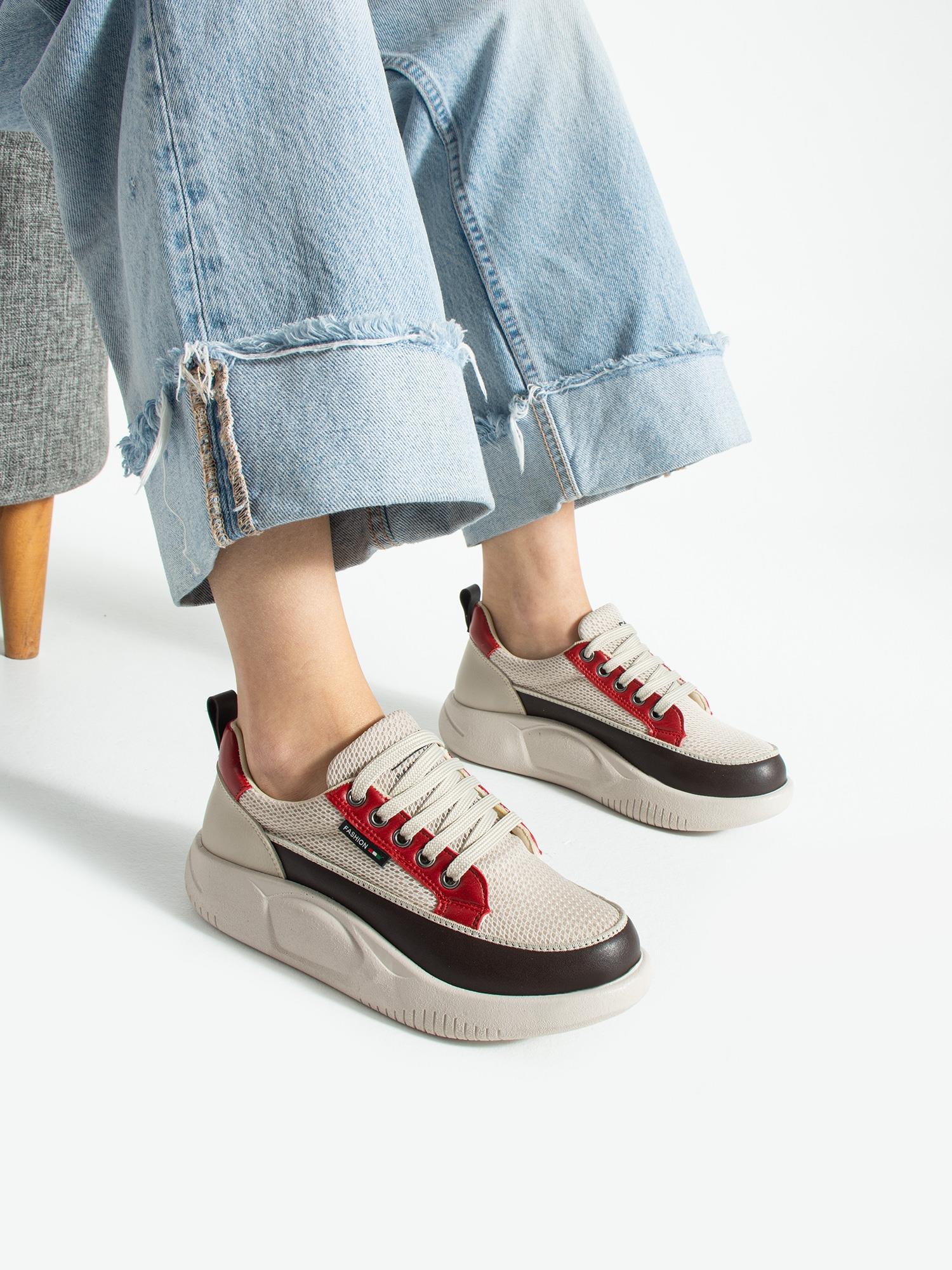 LUNİA Krem-Kırmızı Anoraklı Kadın Sneakers
