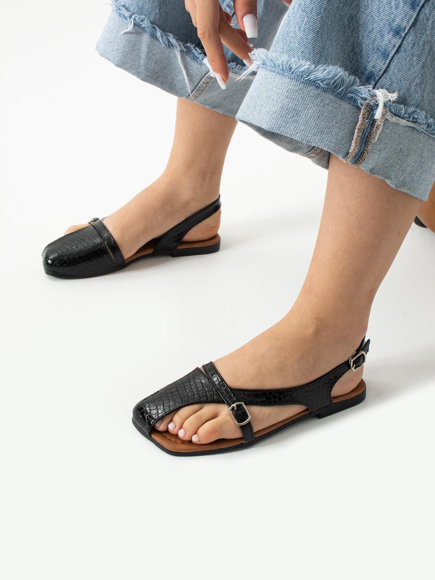 PERLA Siyah Kroko Kadın Sandalet