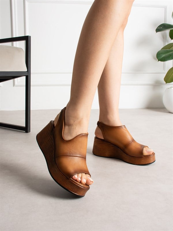 PORTİS Taba Hakiki Deri Kadın Sandalet