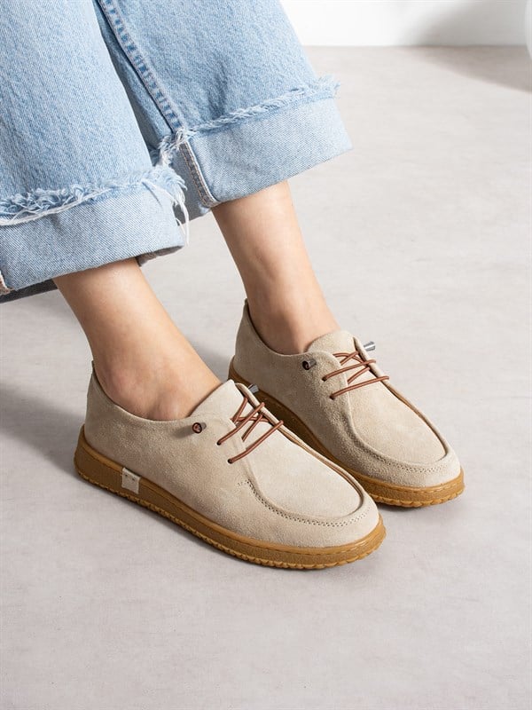 ZEZE Krem Hakiki Süet Deri Kadın Loafer