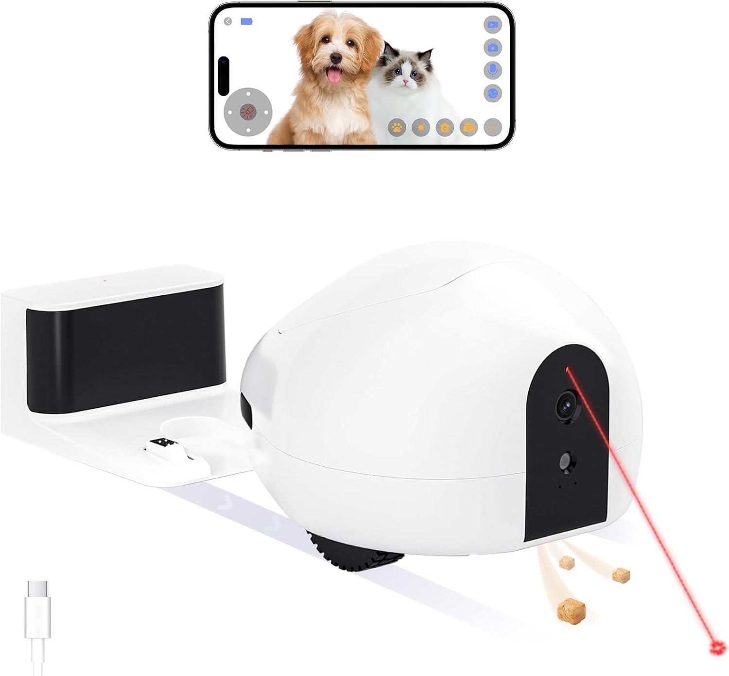 Pumpkii Hareketli Ödül Dağıtıcı Etkileşimli Kedi Köpek Pet Kamera Robotu - Şarj İstasyonu Dahil
