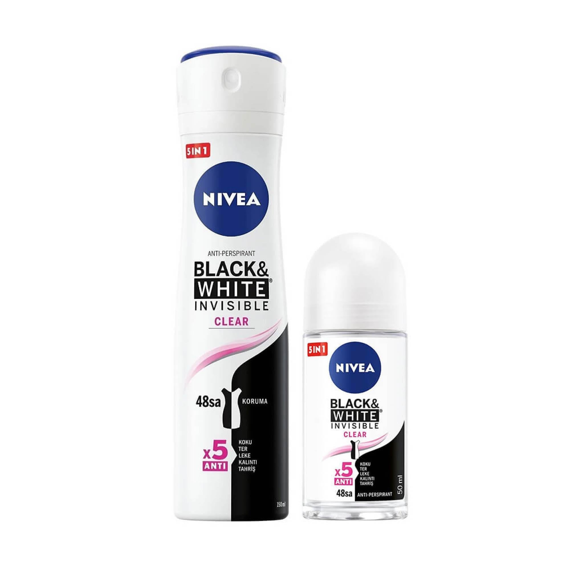  Nivea Deodorant Invisible Black&White Clear Kadın 150 ml+ Nivea Roll-On Black&White  Nivea Deodorant Invisible Black&White Clear Kadın 25 ml.