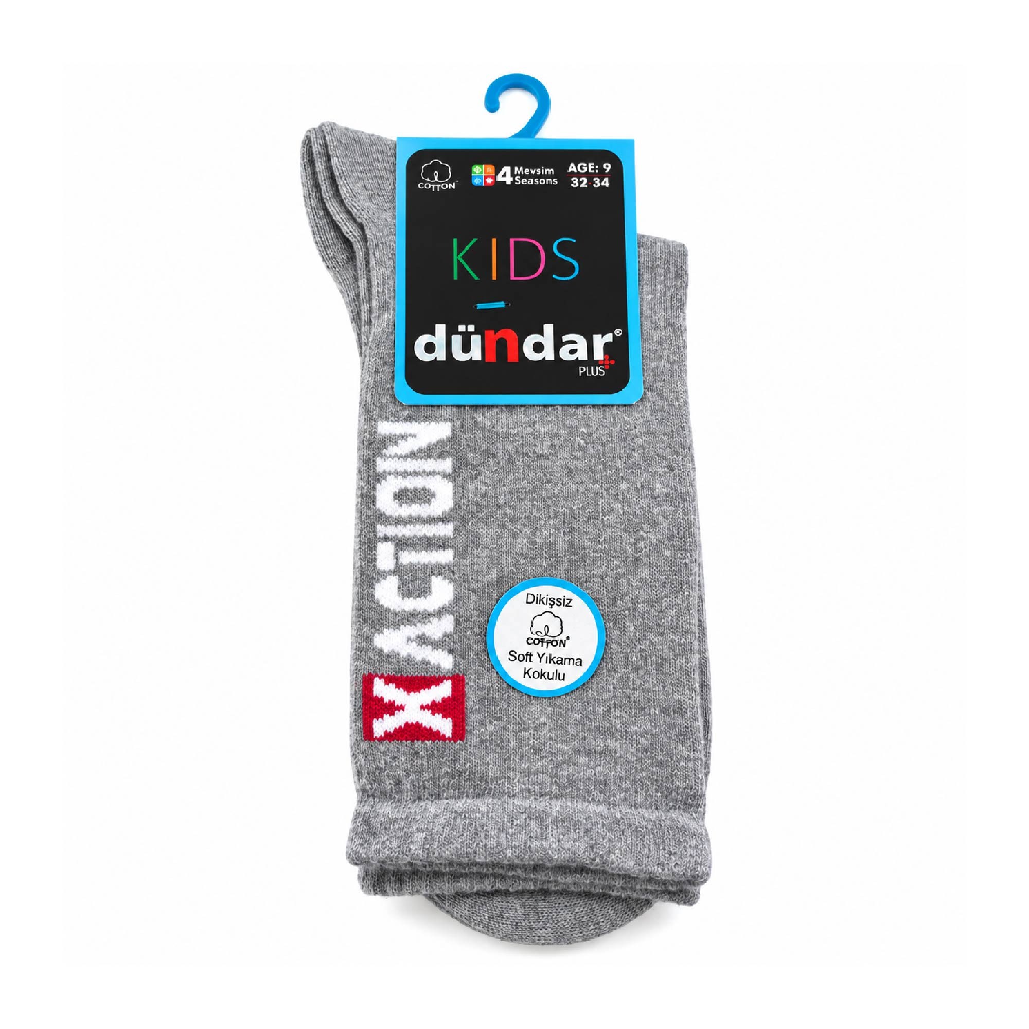 Dündar Plus Çocuk 4 Mevsim Çorap 9 Yaş Gri X Action Desenli