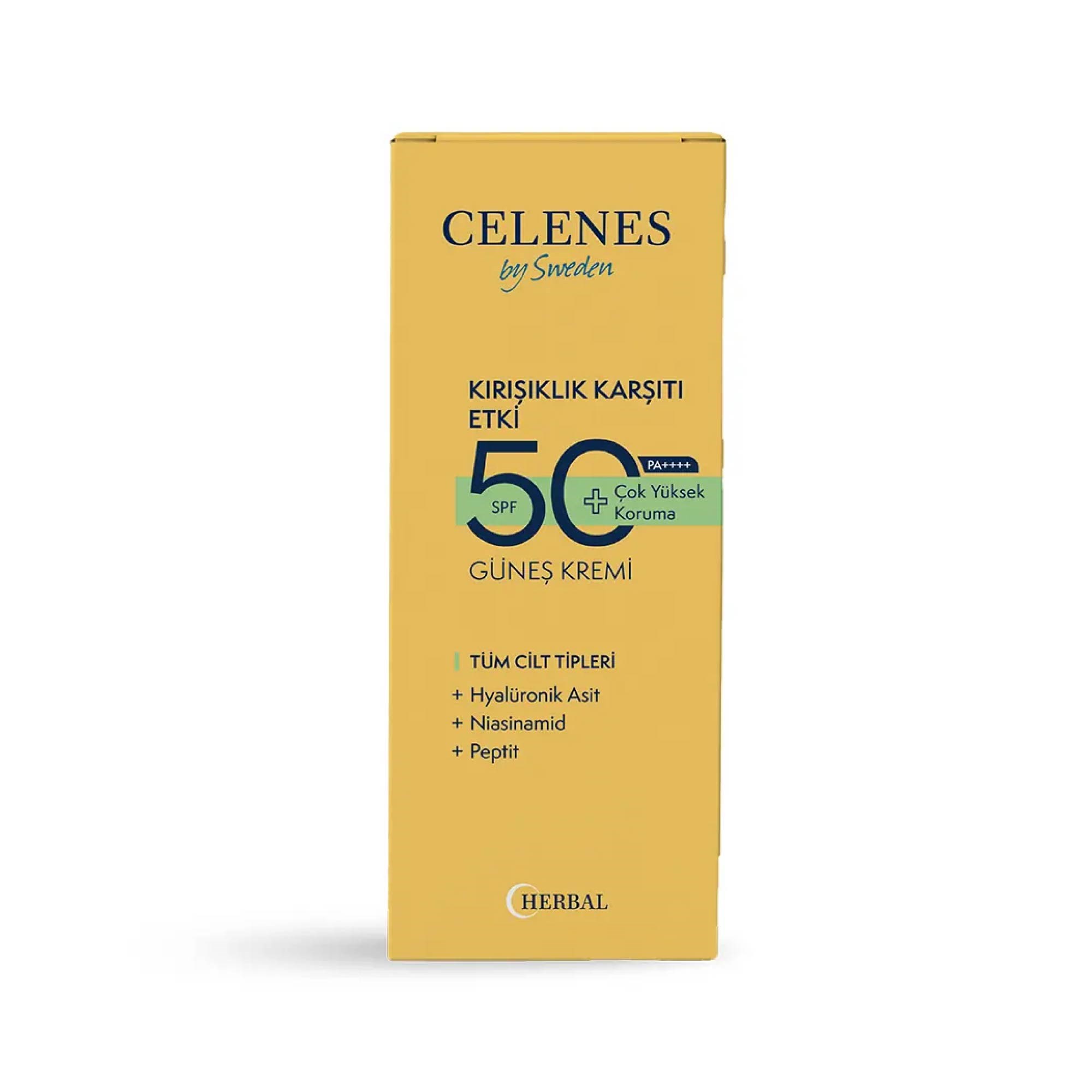 Celenes Sunscreen Cream Güneş Koruyucu Krem SPF +50 Yaşlanma Karşıtı 50 ml