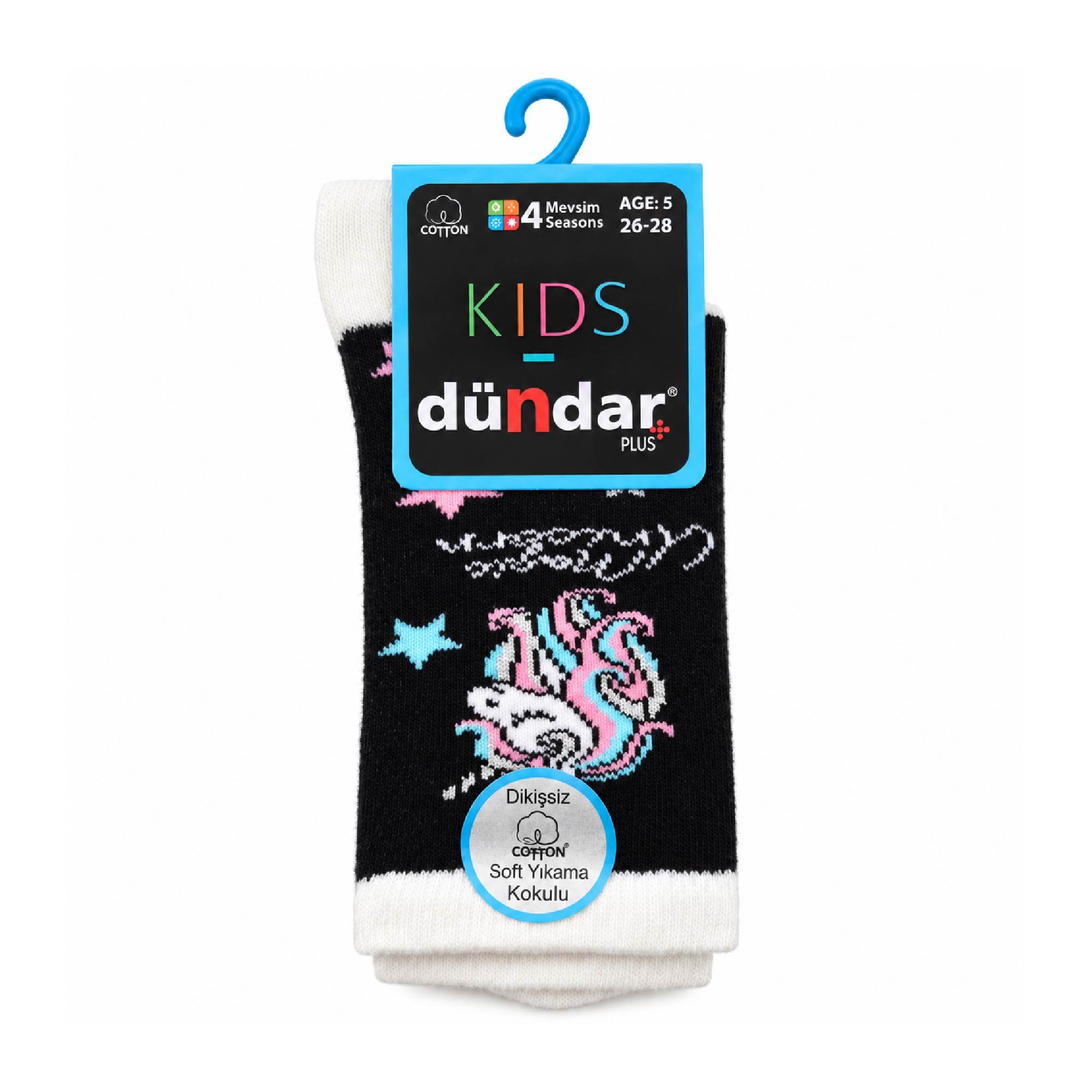 Dündar Plus Çocuk 4 Mevsim Çorap 5 Yaş Siyah Unicorn Desenli