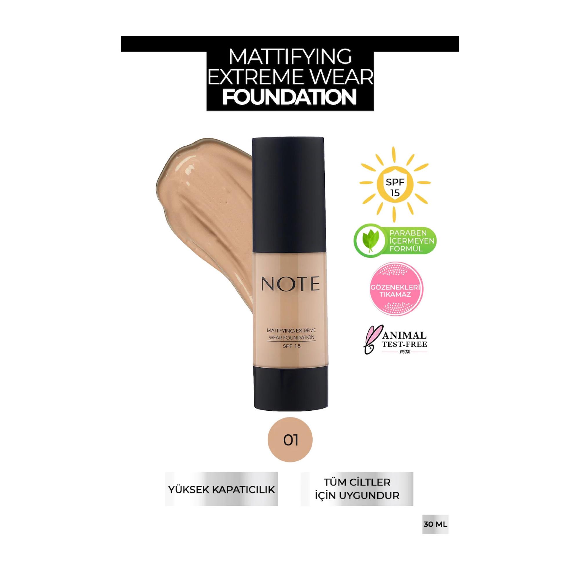 Note Mattifying Extreme Wear Fondöten Mat Bitiş 01 Beige