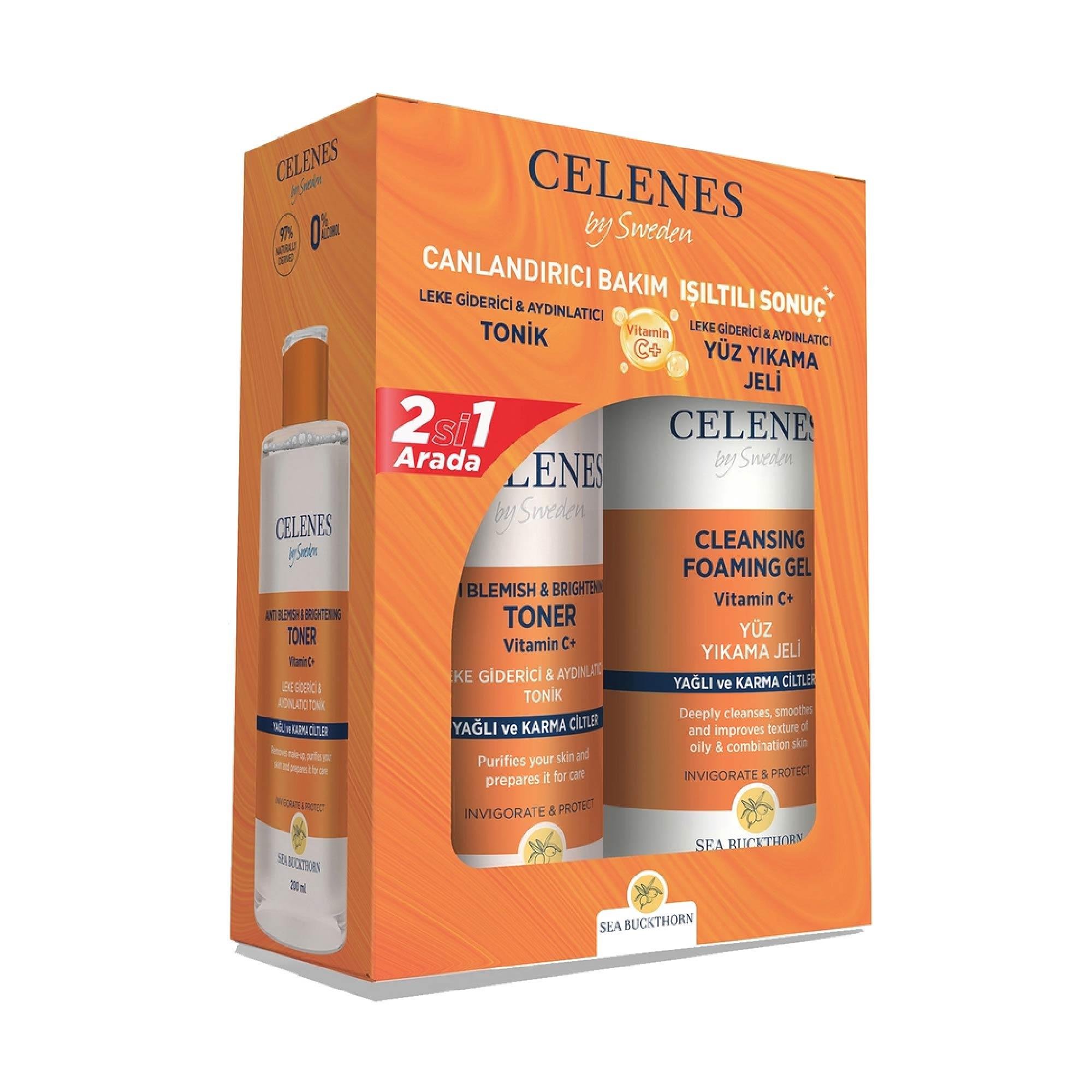 Celenes Sea Buckthorn Yağlı ve Karma Ciltler İçin Yüz Yıkama Jeli 250 ml + Leke Giderici & Aydınlatıcı Tonik 200 ml 