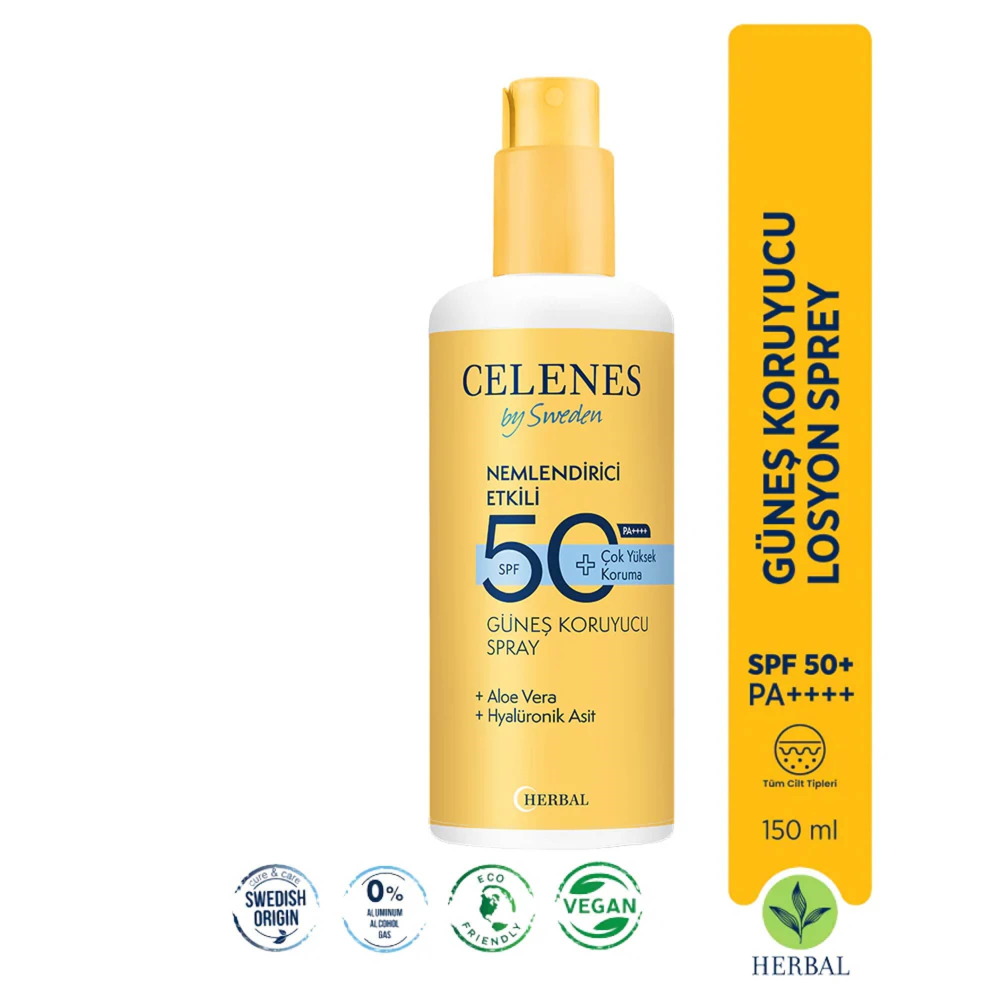 Celenes Sunscreen Spray Lotion Güneş Koruyucu Losyon Sprey Spf +50 Tüm Cilt Tipleri İçin 150 ml