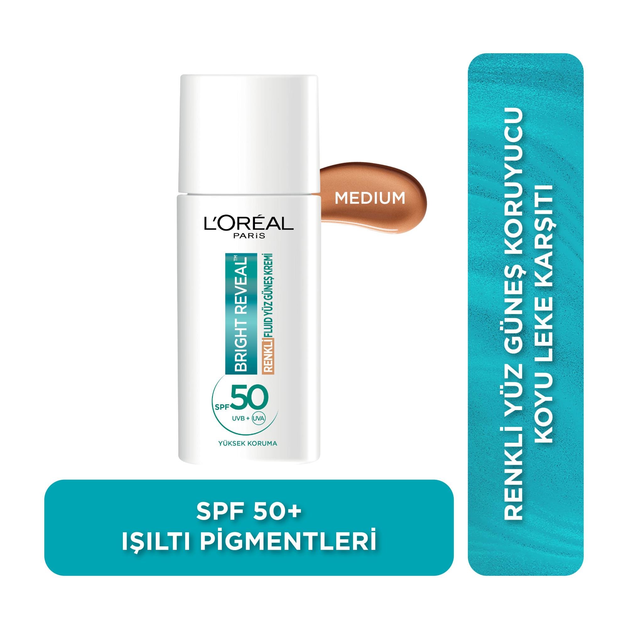 Loreal Paris Bright Reveal Renkli Fluid Güneş Kremi SPF50+ Medium 50 ml