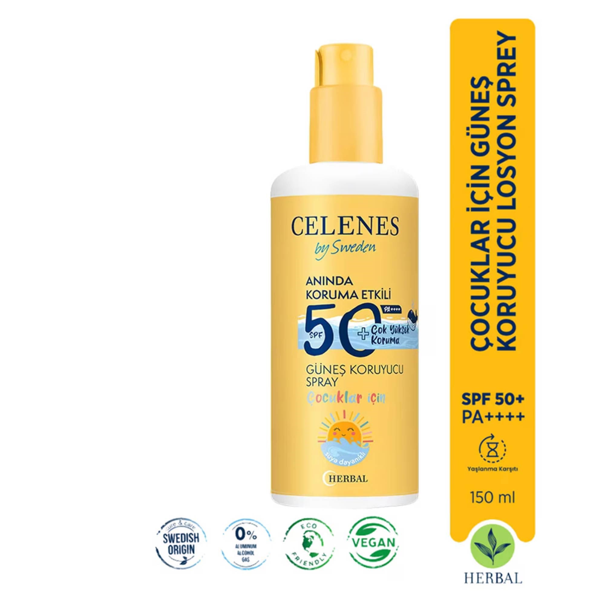 Celenes Sunscreen Spray Lotion Güneş Koruyucu Losyon Sprey Kids Spf +50 Tüm Cilt Tipleri İçin 150 ml 