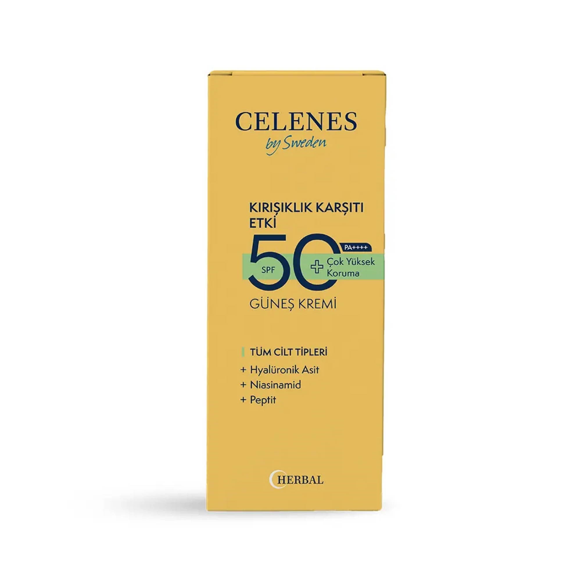 Celenes Sunscreen Cream Güneş Koruyucu Krem SPF +50 Yaşlanma Karşıtı 50 ml